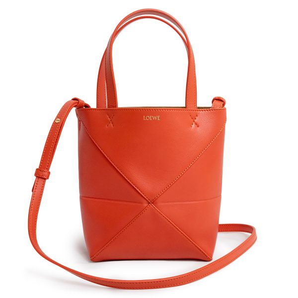 200013025019 Loewe Puzzle Shiny Calfskin Leather Fold Mini 2way Crossbody Shoulder Handbag Sunrise Orange