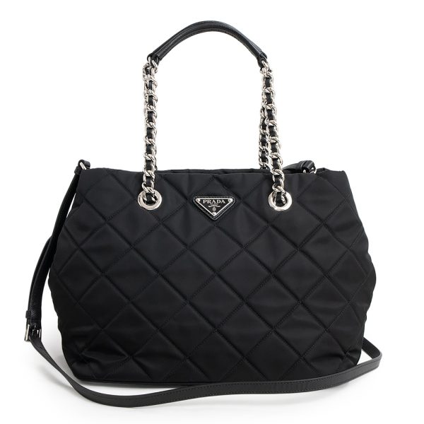 200013338019 Prada Tesuto Impanta Quilted Nylon Leather Logo Plate Chain Triangle 2 Way Crossbody Shoulder Bag Black