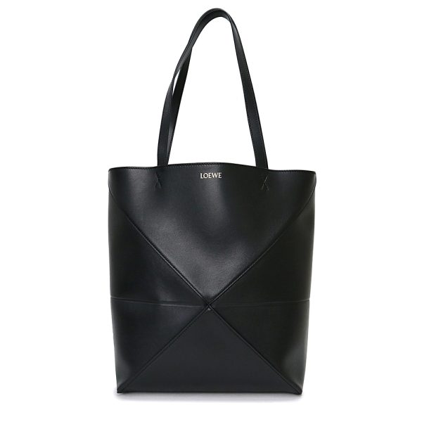 200013481019 LOEWE Puzzle Fold Tote Medium Shiny Calfskin Leather Black