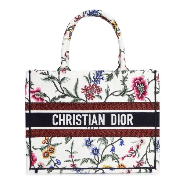 200014011019 Christian Dior Book Tote Medium Petite Fleur Embroidery White