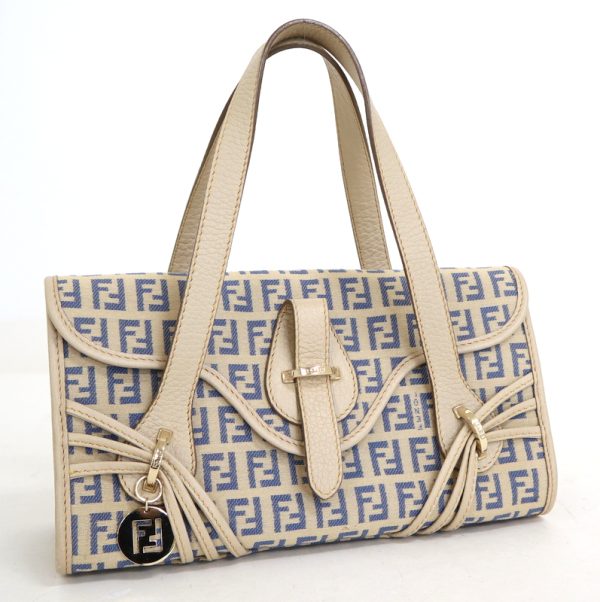 2000208256600010 1 Fendi Zucca Pattern Canvas Leather Handbag Gray Blue