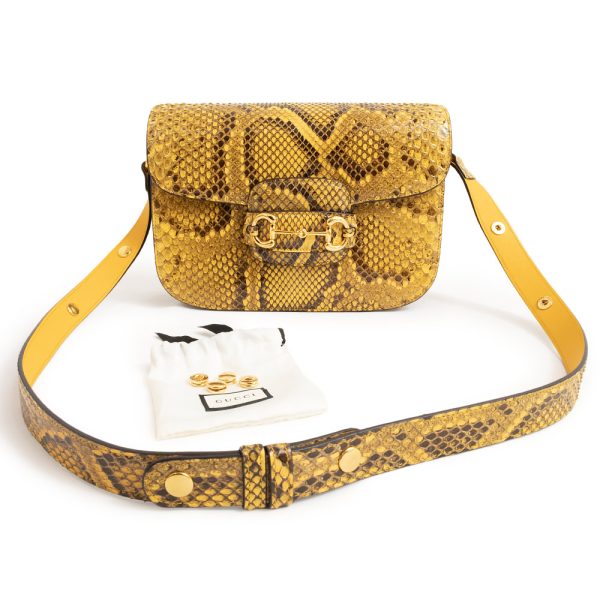 200094666018 2 Gucci Python Horsebit 1955 Small Leather Shoulder Bag Yellow