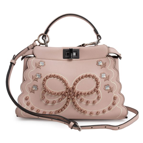 200100592018 Fendi Mini Peekaboo Ribbon Embroidery Leather Crossbody Pink