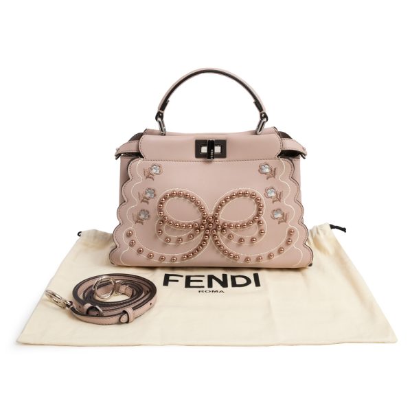 200100592018 2 Fendi Mini Peekaboo Ribbon Embroidery Leather Crossbody Pink