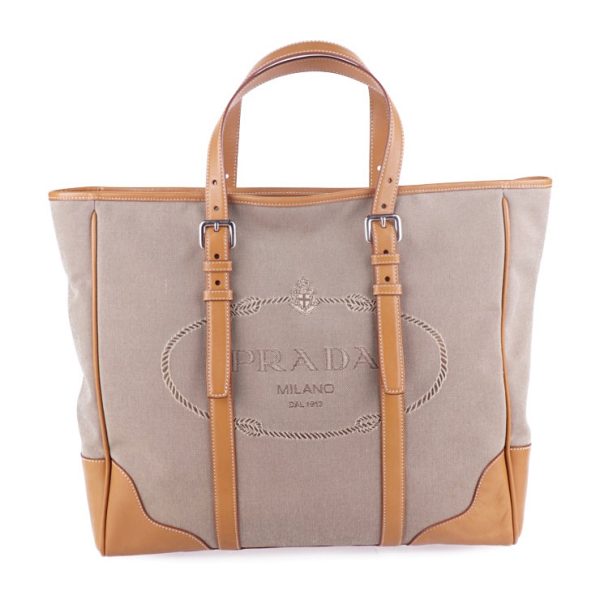 2006063008111 1 Prada Canvas Leather Logo Jacquard Tote Bag Corda Cuoio