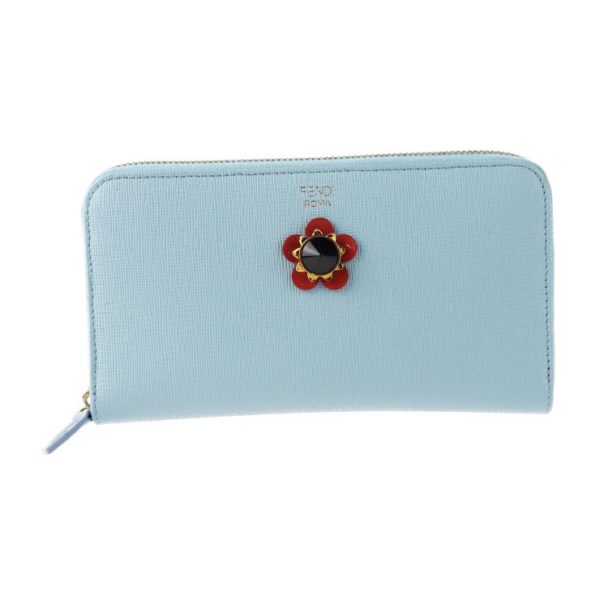 2014073002183 1 Fendi Long Wallet Leather Light Blue Flower Motif