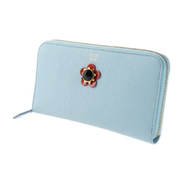 2014073002183 2 Fendi Long Wallet Leather Light Blue Flower Motif