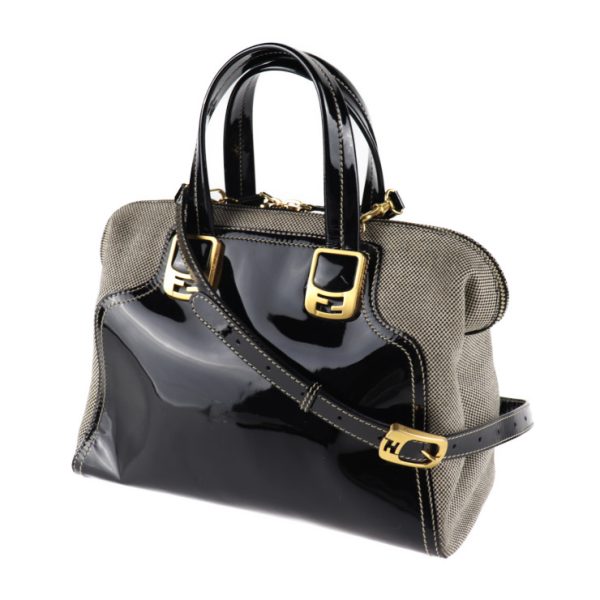 2024063007367 2 Fendi Chameleon Canvas Patent Leather Handbag Black