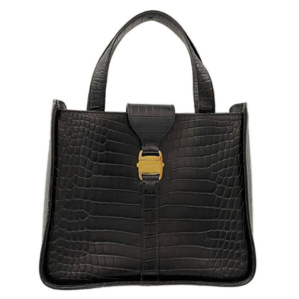 20457930 1 Salvatore Ferragamo Gancini Embossed Square Handbag Black