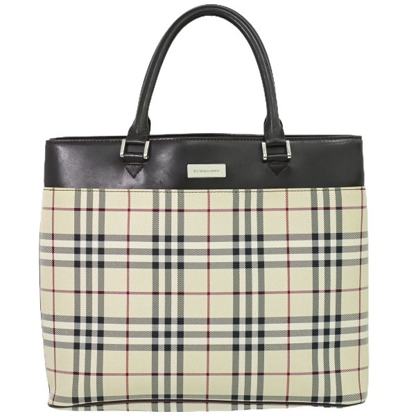 2100020000009843 1 Burberry Nova Check Leather Tote Bag Beige