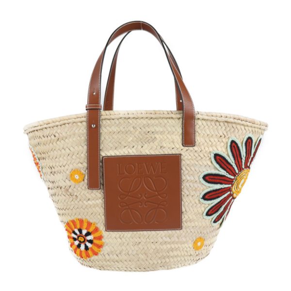 2101083008010 1 Loewe Basket Flowers Raffia Leather Tote Bag Natural Brown