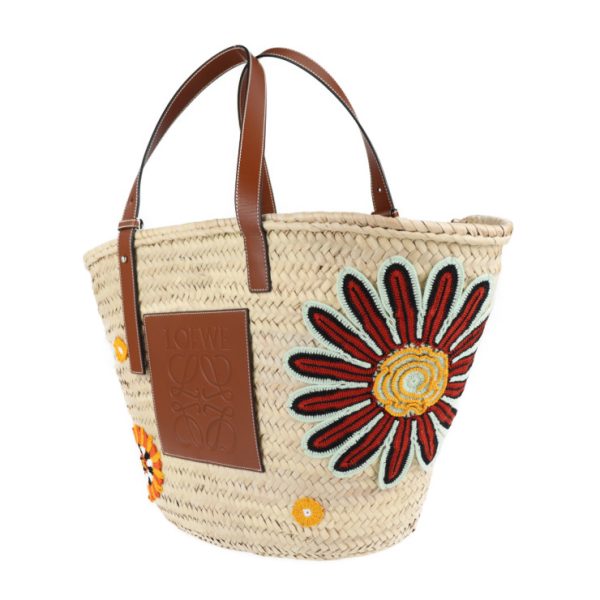 2101083008010 2 Loewe Basket Flowers Raffia Leather Tote Bag Natural Brown