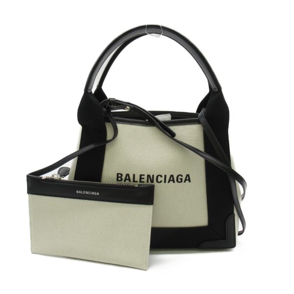 2101217766555 1 Balenciaga Navy Cabas XS AJ 2way Shoulder Bag Canvas Leather Ivory