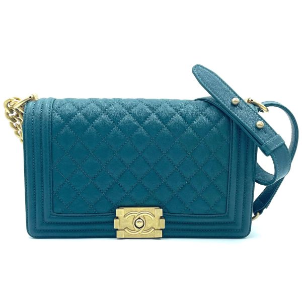 2101217835800 01 Chanel Boy Chanel Chain Shoulder Bag Caviar Skin Green