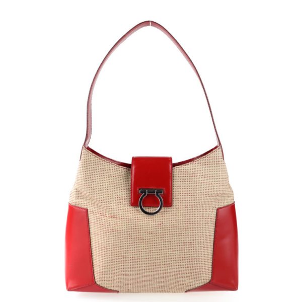 2107043007197 1 Salvatore Ferragamo Gancini Canvas Leather Shoulder Bag Beige Red