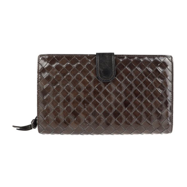 2108013001146 1 Bottega Veneta Intrecciato Patent Leather Bifold Wallet Dark Brown