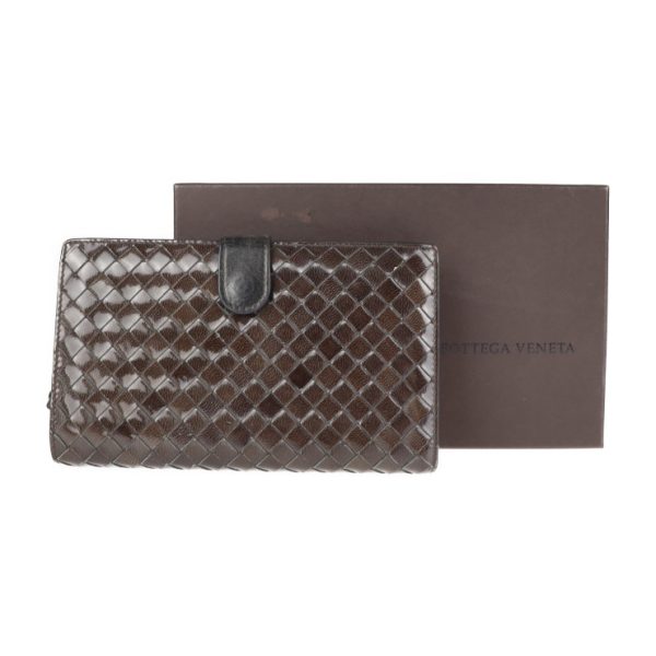 2108013001146 9 Bottega Veneta Intrecciato Patent Leather Bifold Wallet Dark Brown