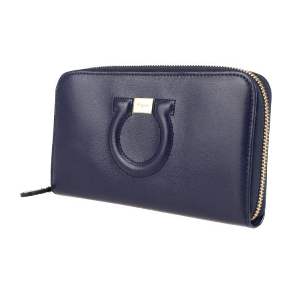 2117053008234 2 Salvatore Ferragamo Gancini Calf Leather Long Wallet Navy