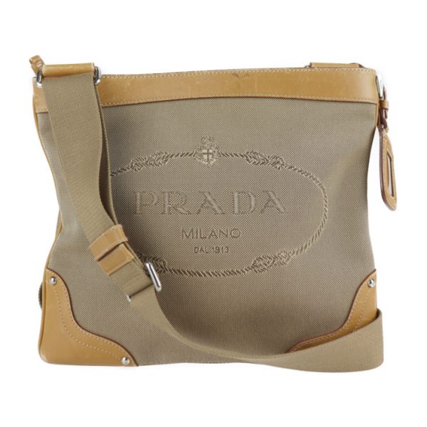 2118113007210 1 Prada Jacquard Logo Canvas Leather Crossbody Beige Camel