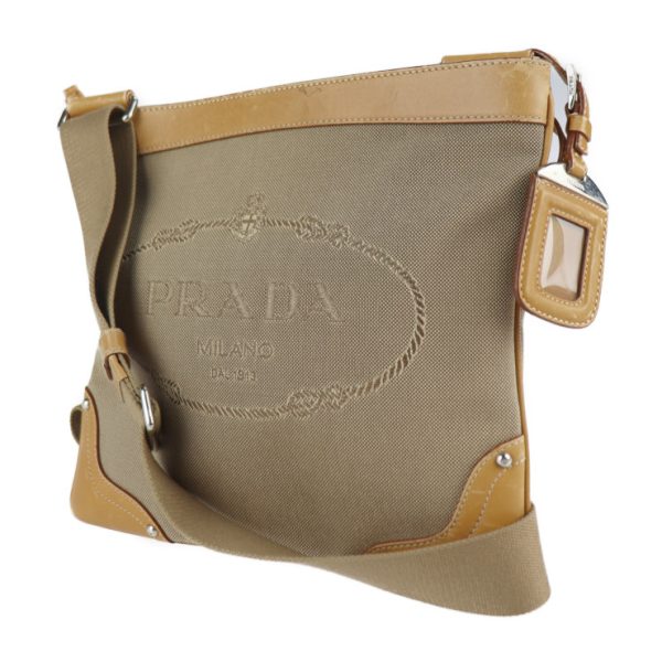 2118113007210 2 Prada Jacquard Logo Canvas Leather Crossbody Beige Camel