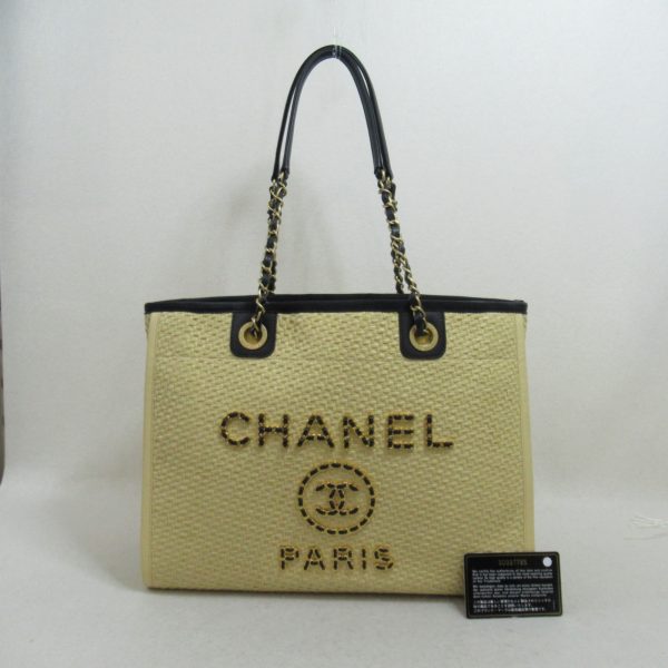 2120100000163 13 Chanel Deauville MM Chain Tote Bag Beige