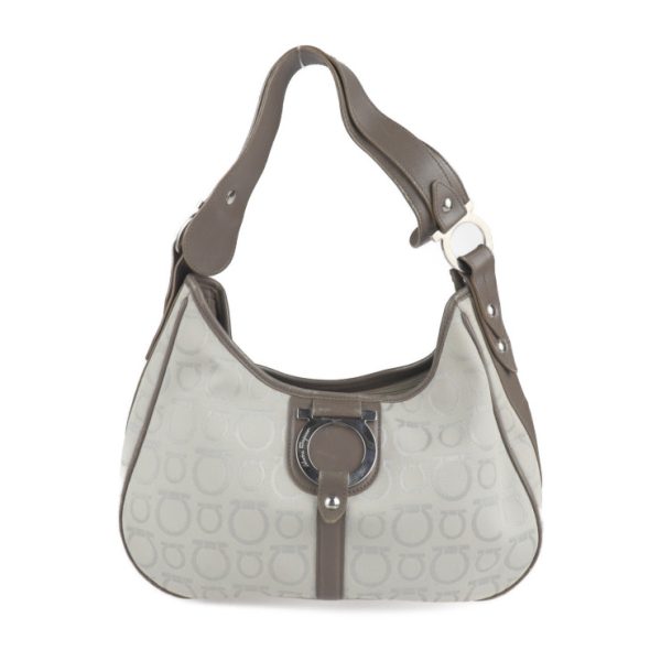 2120121001025 1 Salvatore Ferragamo Gancini Canvas Leather Shoulder Bag Gray Brown