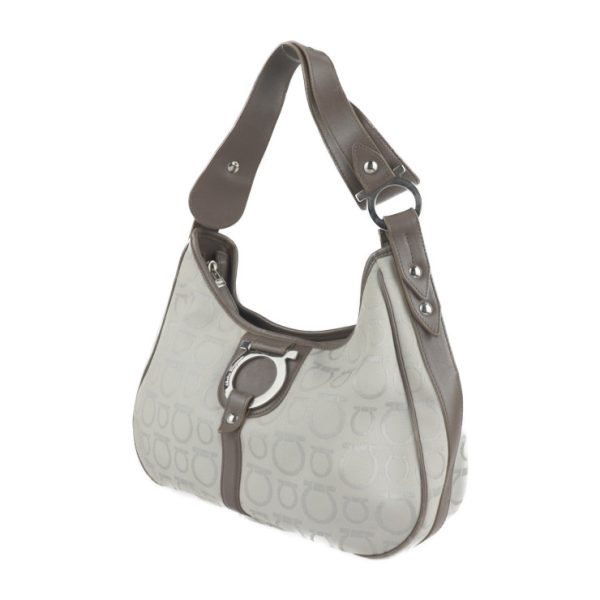 2120121001025 2 Salvatore Ferragamo Gancini Canvas Leather Shoulder Bag Gray Brown