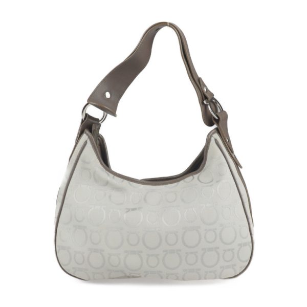 2120121001025 3 Salvatore Ferragamo Gancini Canvas Leather Shoulder Bag Gray Brown