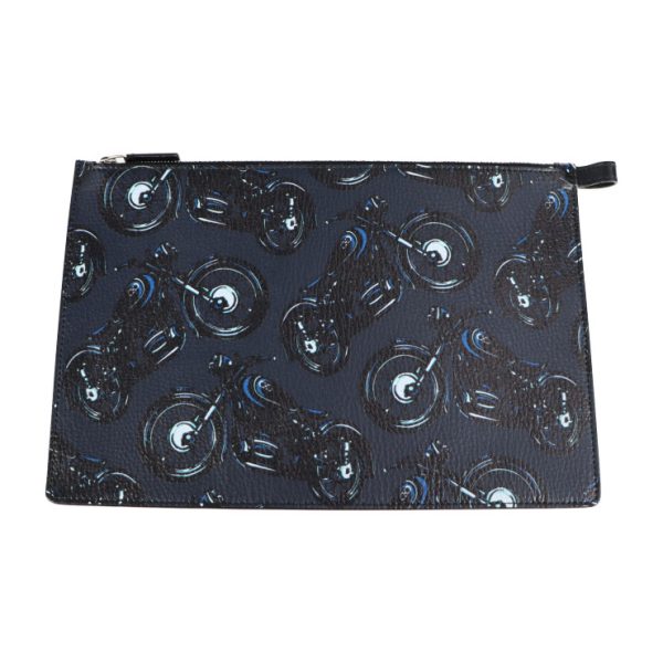 2121053001362 1 Salvatore Ferragamo Leather Clutch Bag Navy Black Motorcycle Pattern