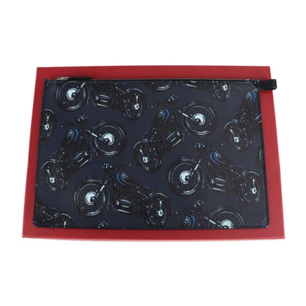 2121053001362 7 Salvatore Ferragamo Leather Clutch Bag Navy Black Motorcycle Pattern