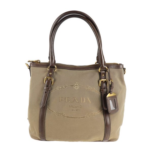 2123093007403 1 Prada Canvas Leather Shoulder Bag Khaki Beige Brown