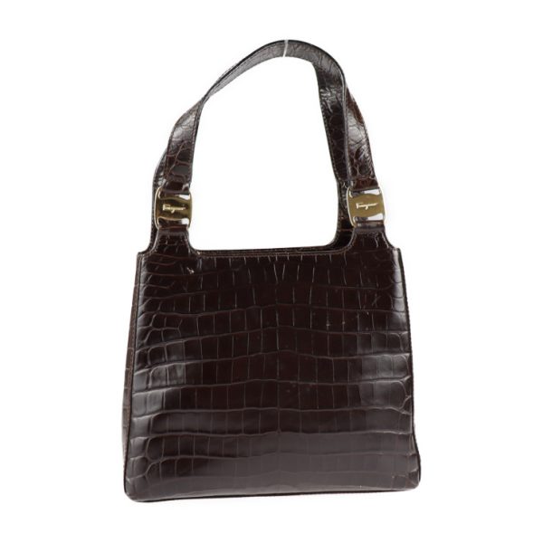 2128083008455 1 Salvatore Ferragamo Croco Embossed Leather Shoulder Bag Dark Brown