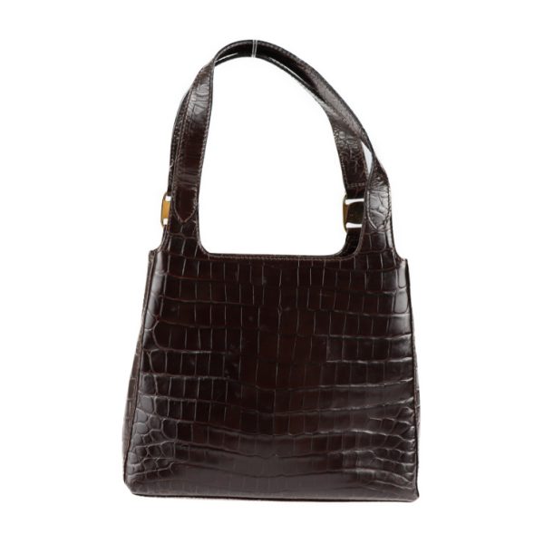 2128083008455 3 Salvatore Ferragamo Croco Embossed Leather Shoulder Bag Dark Brown