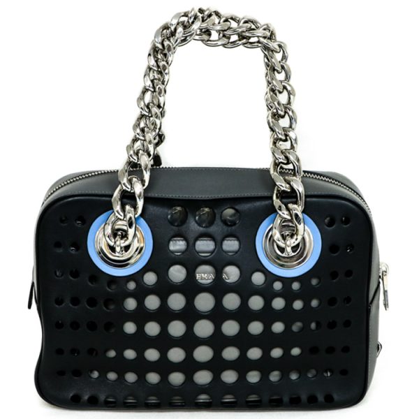 22 2410 01 Prada Punching Chain Handbag Leather Black