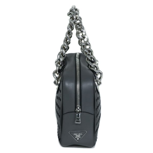 22 2410 02 Prada Punching Chain Handbag Leather Black