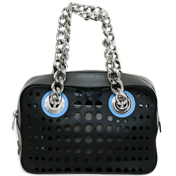 22 2410 04 Prada Punching Chain Handbag Leather Black