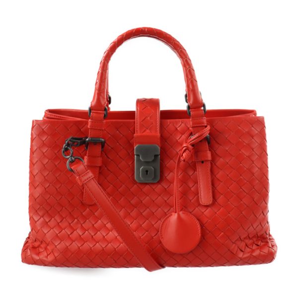 2211013010027 1 Bottega Veneta Small Rome Intrecciato Calf Leather Handbag Red