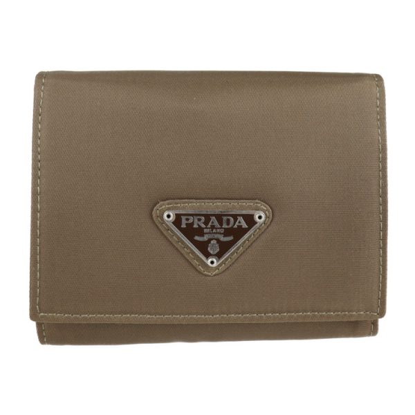 2211023001145 1 Prada Tri Fold Nylon Leather Wallet Khaki