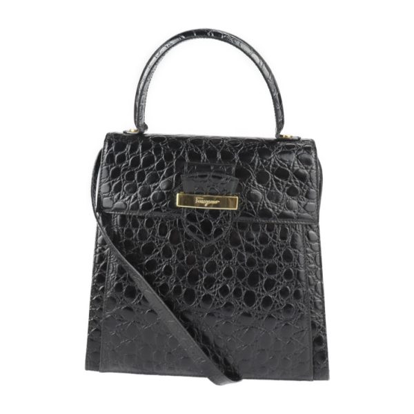 2217103007132 1 Salvatore Ferragamo Gancini Croco Embossed Leather Handbag Black