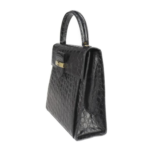 2217103007132 2 Salvatore Ferragamo Gancini Croco Embossed Leather Handbag Black