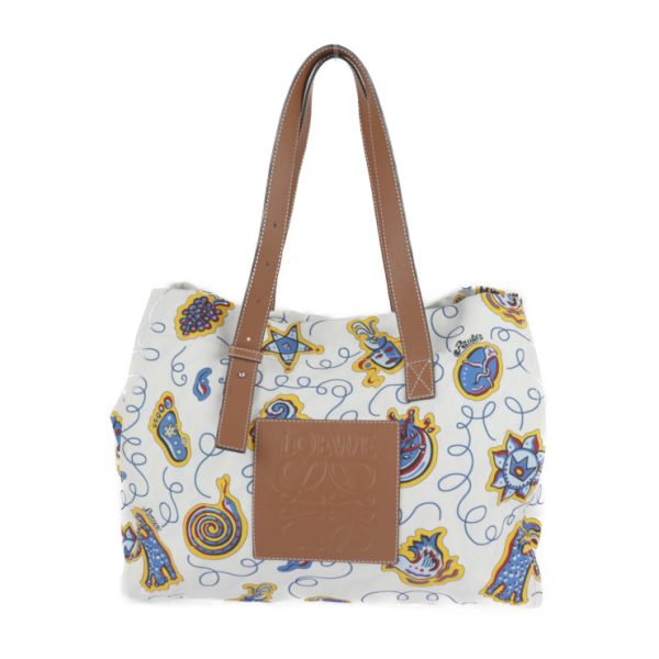 2224103007216 1 Loewe Paulas Ibiza Collaboration Canvas Leather Tote Bag White Blue Multicolor