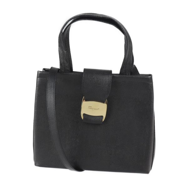 2226123007239 1 Salvatore Ferragamo Vara Lizard Embossed Leather Handbag Black