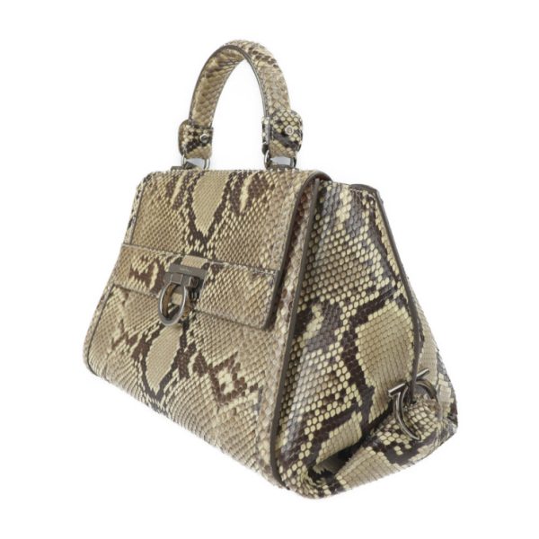 2229123007265 2 Salvatore Ferragamo Sofia Gancini Python Handbag Beige Brown