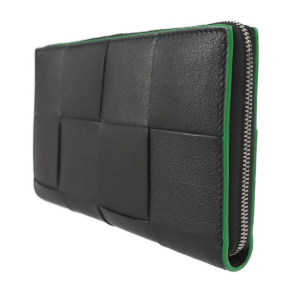 2229123007271 2 Bottega Veneta Cassette Round Zip Maxi Intrecciato Long Wallet Lambskin Calf Black Green