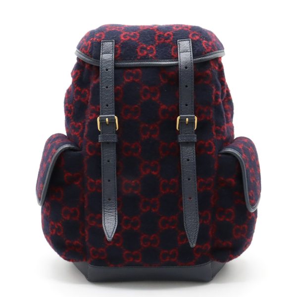 22331093 1 GUCCI GG Wool Backpack Rucksack Daypack Leather Navy Red Gold Hardware