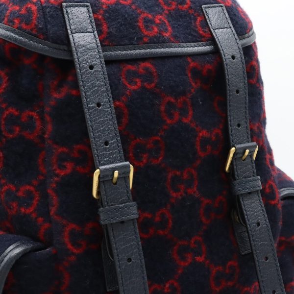 22331093 8 GUCCI GG Wool Backpack Rucksack Daypack Leather Navy Red Gold Hardware