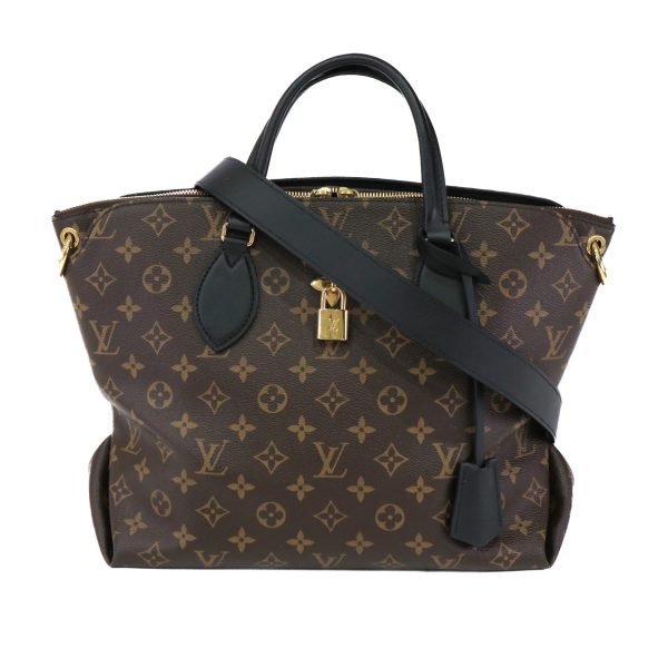 23 2832 02 Louis Vuitton Monogram Flower Zipped Leather 2 Way Tote Shoulder Bag Brown Black