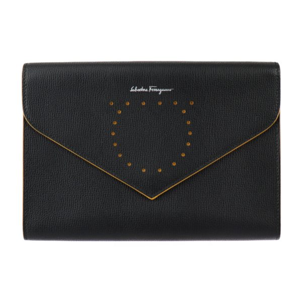 2307123010035 1 Salvatore Ferragamo Gancini Leather Clutch Bag Black