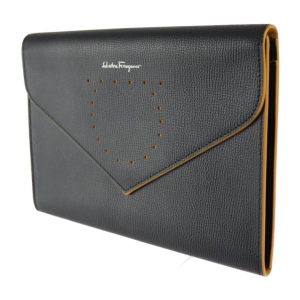 2307123010035 2 Salvatore Ferragamo Gancini Leather Clutch Bag Black