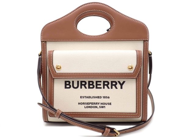 2310aucno2 01 Burberry Canvas Leather 2 Way Two Tone Mini Pocket Bag Brown Beige